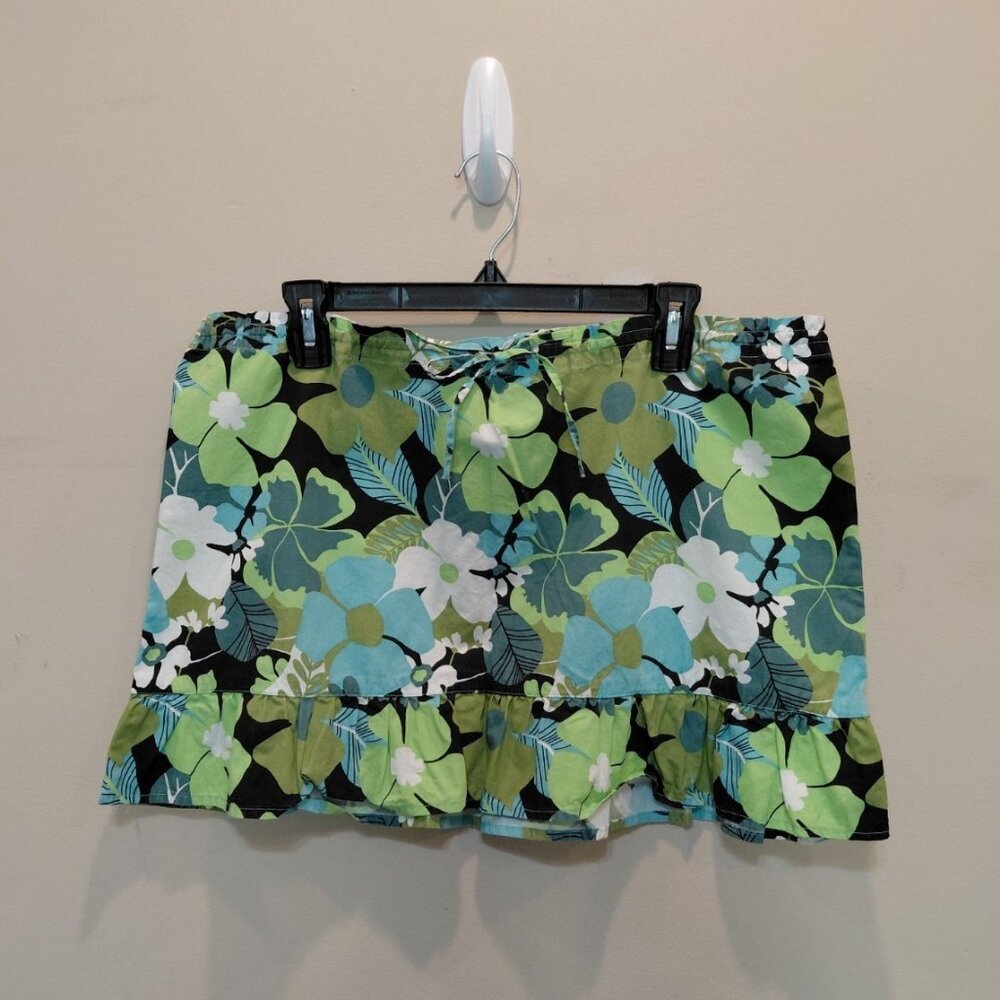 Y2K Old Navy Hawaiian Floral Ruffle Low Rise Mini Skirt Sz 12 Drawstring Waist